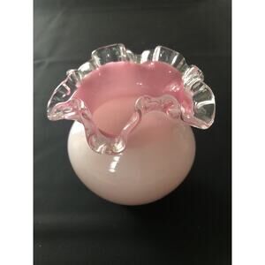 Vintage Fenton Silver Crest Bowl Vase Pink interior ruffled rim Silver crest￼